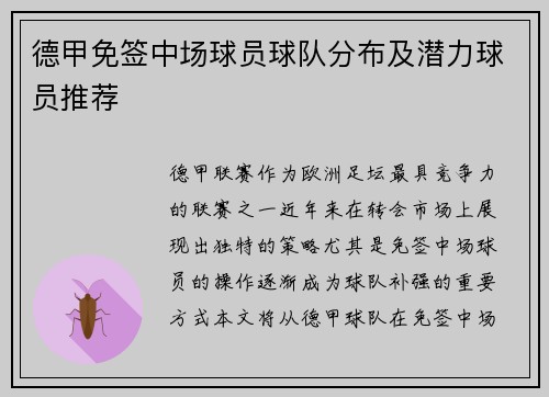 德甲免签中场球员球队分布及潜力球员推荐