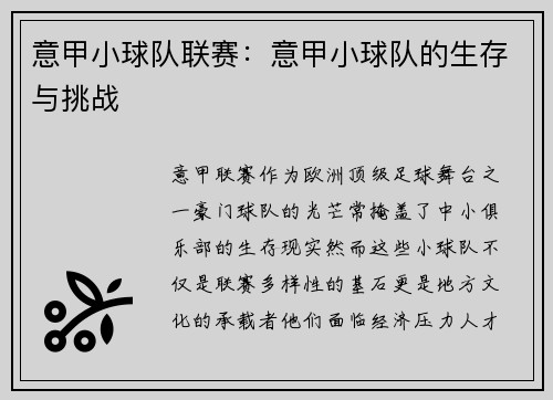 意甲小球队联赛：意甲小球队的生存与挑战